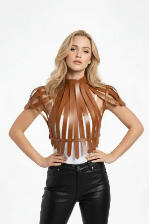 Tan Faux Leather Cage Shoulder Harness Top Studded High Collar