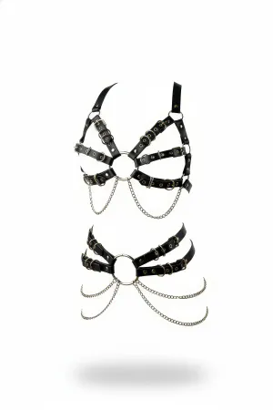 Black Faux Leather Body Harness Set with Silver O-Rings and Draping Chains