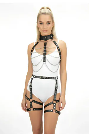 Black Faux Leather Full Body Harness with Layered Chains Adjustable Leg Straps