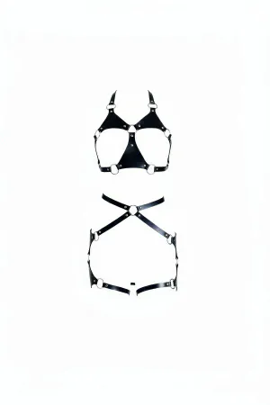 Black Faux Leather O-Ring Caged Harness Set with Halter Neck