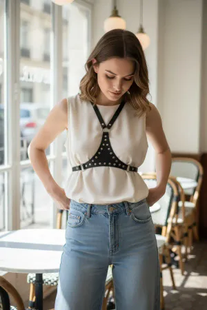 Siyah Kadın Kemer Çivili Deri Omuz Aksesuarı - APFT1279