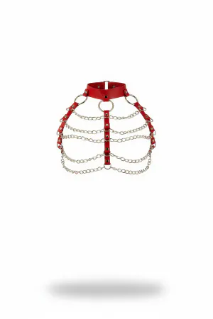 Red Faux Leather Choker Chest Harness Layered Silver Chains O-Rings Adjustable Collar