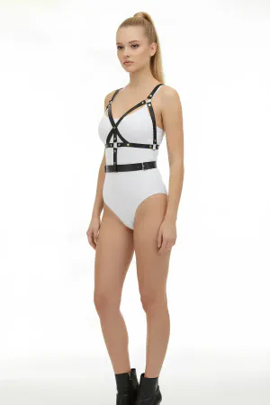 Black Caged Faux Leather Body Harness with Studded Waist Belt