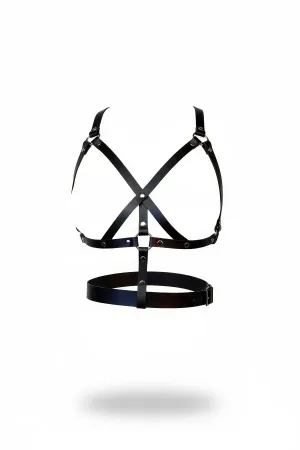 Black Faux Leather Chest Harness with Cross Straps and Adjustable Integrated Waist Belt Women