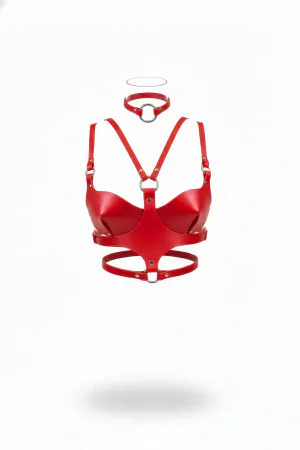 Red Vegan Leather Structured Cup Harness Bra with Matching O-Ring Choker