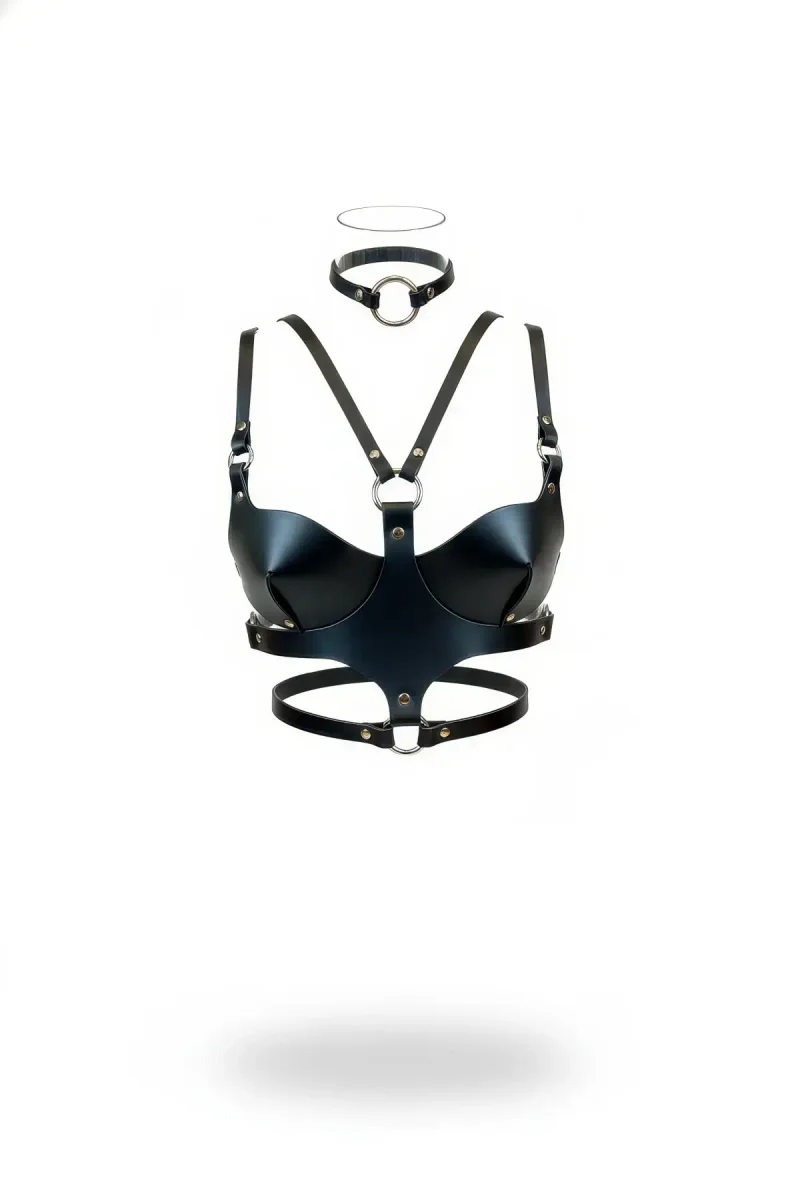 Black Faux Leather Bra Harness O-Ring Choker Set Adjustable Straps