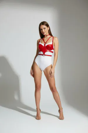 Red Faux Leather Overbust Chest Harness Bra with Matching Choker