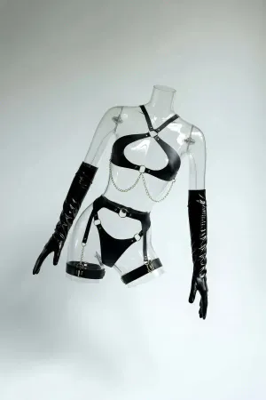 Black Faux Leather Harness Set with Chain Details and Garter Straps