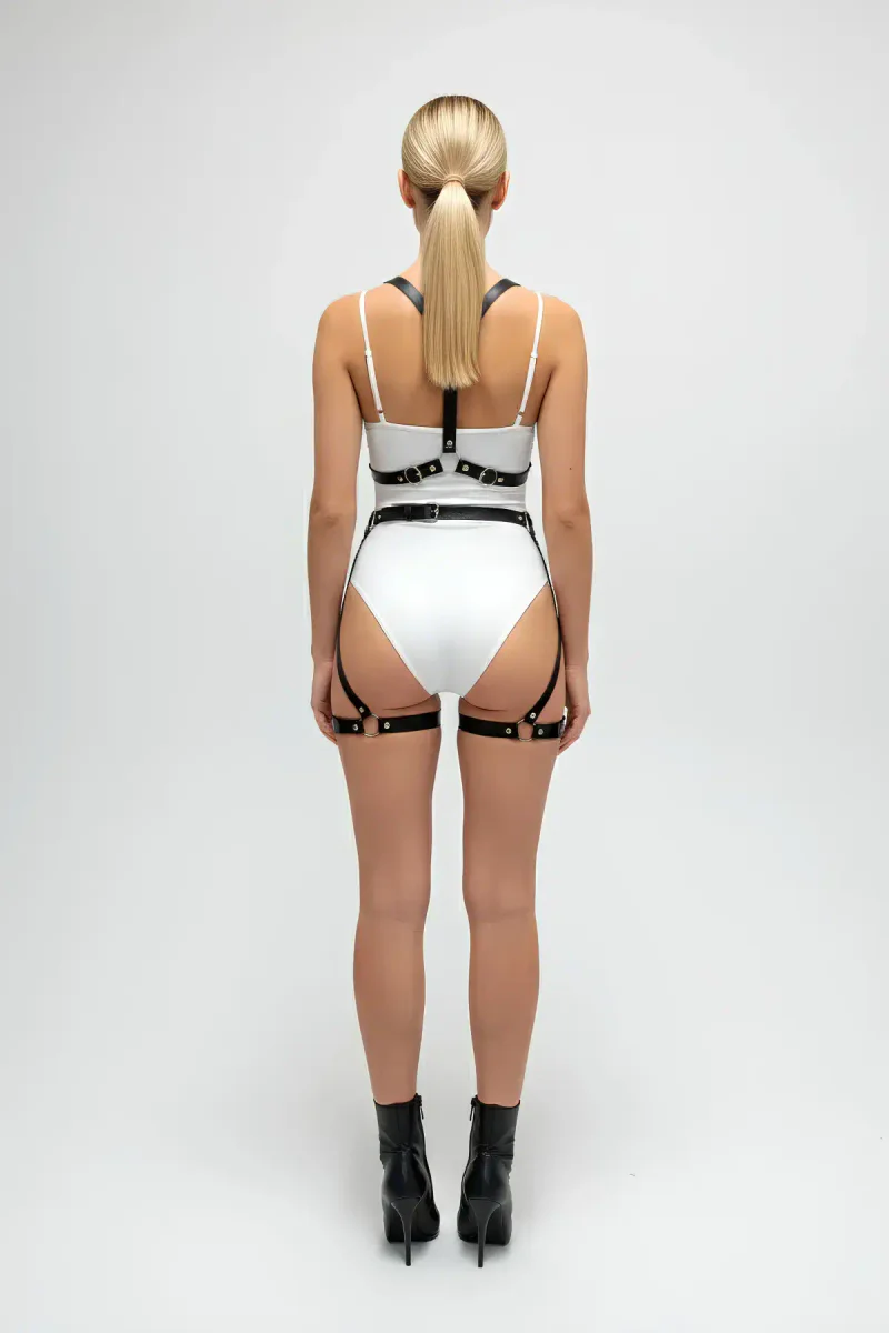Festival black faux leather full body harness lingerie
