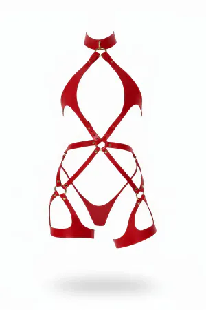 Red Faux Leather Caged Full Body Harness Gold O-Rings Adjustable Straps