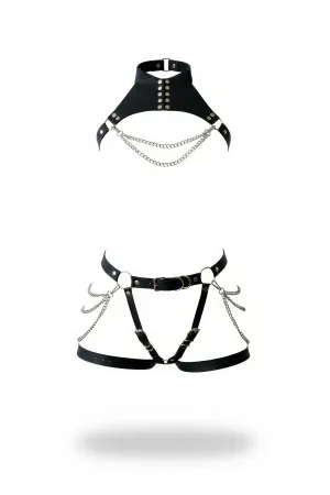 Black Faux Leather Choker Chest Harness and Thigh Garter Set with Draping Silver Chains