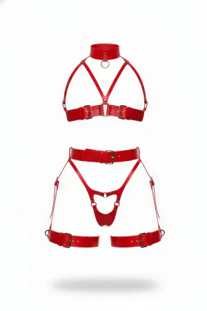 Red Faux Leather Harness Lingerie Set High Collar Choker Garter Straps
