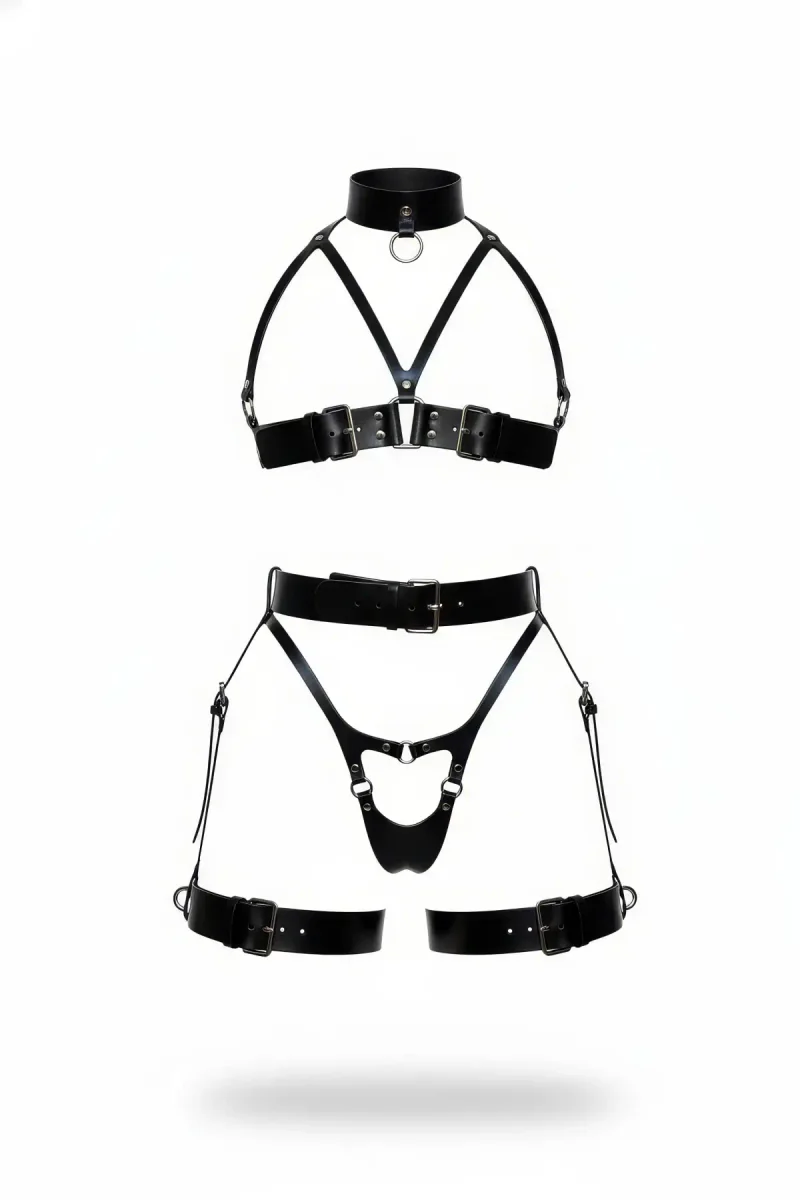 Siyah Faux Leather Full Body Harness Takımı Kadınlar İçin Boyun Halkası Detaylı
