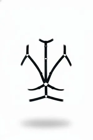 Black Elastic Chest Harness Front View Adjustable Straps Silver O-Rings