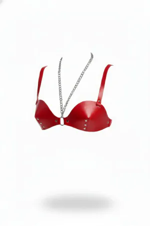 Red Faux Leather Harness Bra with Studs and Draped Silver Chain