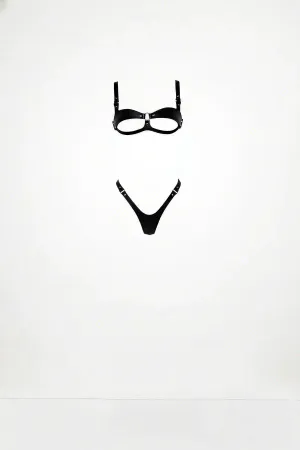 Black Faux Leather Open-Cup Harness Bra and Thong Set with O-Ring Detail
