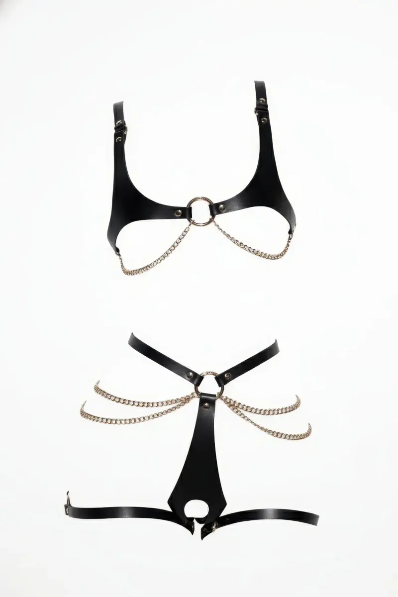 Black Faux Leather Harness Bra and Garter Set with Gold Chains