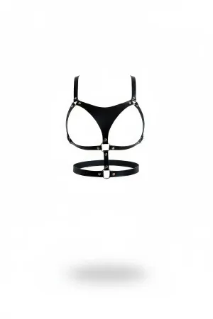 Black Faux Leather Harness Bra with Silver O-Ring Details