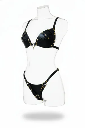Black Studded Faux Leather Harness Bra and Thong Set with Gold O-Rings