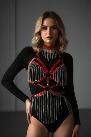 Kırmızı Body Harness Kadın Deri Zincir Detaylı Vücut Aksesuarı - APFT1397
