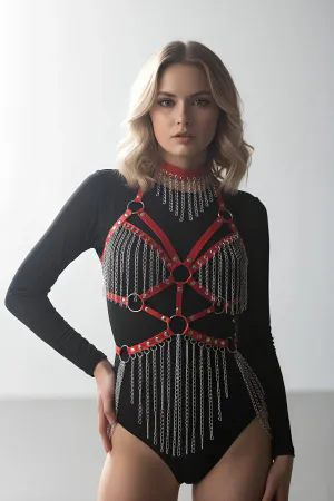 Kırmızı Body Harness Kadın Deri Zincir Detaylı Vücut Aksesuarı - APFT1397