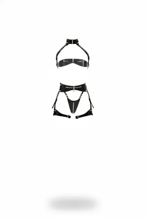 Black Glossy Faux Leather Harness Bra and Garter Belt Set with High Collar