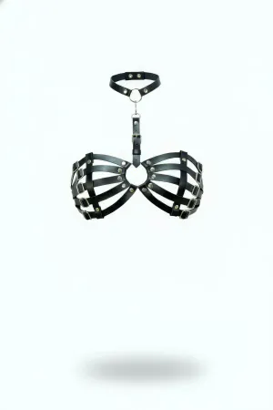 Black Faux Leather Cage Chest Harness with Choker and O-Ring Hardware