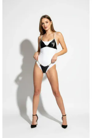 Black Bikini Style Faux Leather Body Harness with Silver Chains