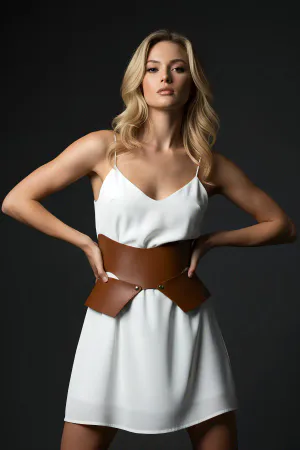 Tan Vegan Leather Asymmetrical Waist Harness Belt Sculpted Panels