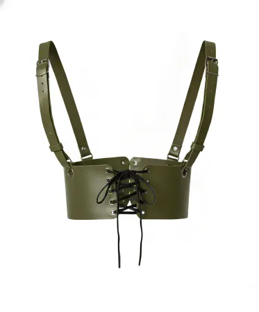 Olive Green Faux Leather Underbust Harness Lace-Up Front Adjustable Straps