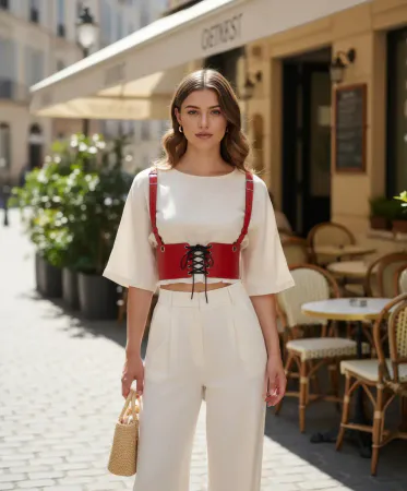 Red Faux Leather Waist Harness with Lace-Up Corset Women Street Style