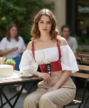 Red Faux Leather Waist Harness with Lace-Up Corset Women Street Style