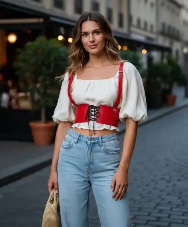 Red Faux Leather Waist Harness with Lace-Up Corset Women Street Style