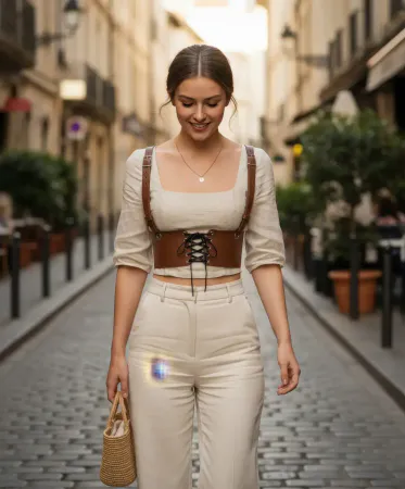 Brown Faux Leather Underbust Corset Harness with Wide Shoulder Straps Worn Over Blouse