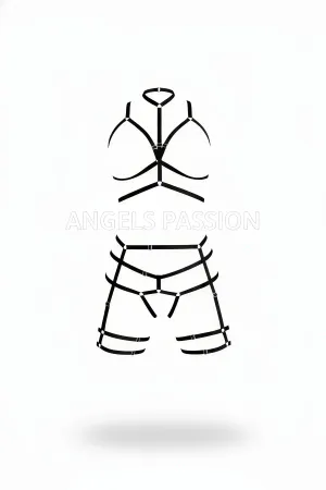 Black Caged Full Body Harness with O-Ring Halter Neck and Adjustable Leg Straps