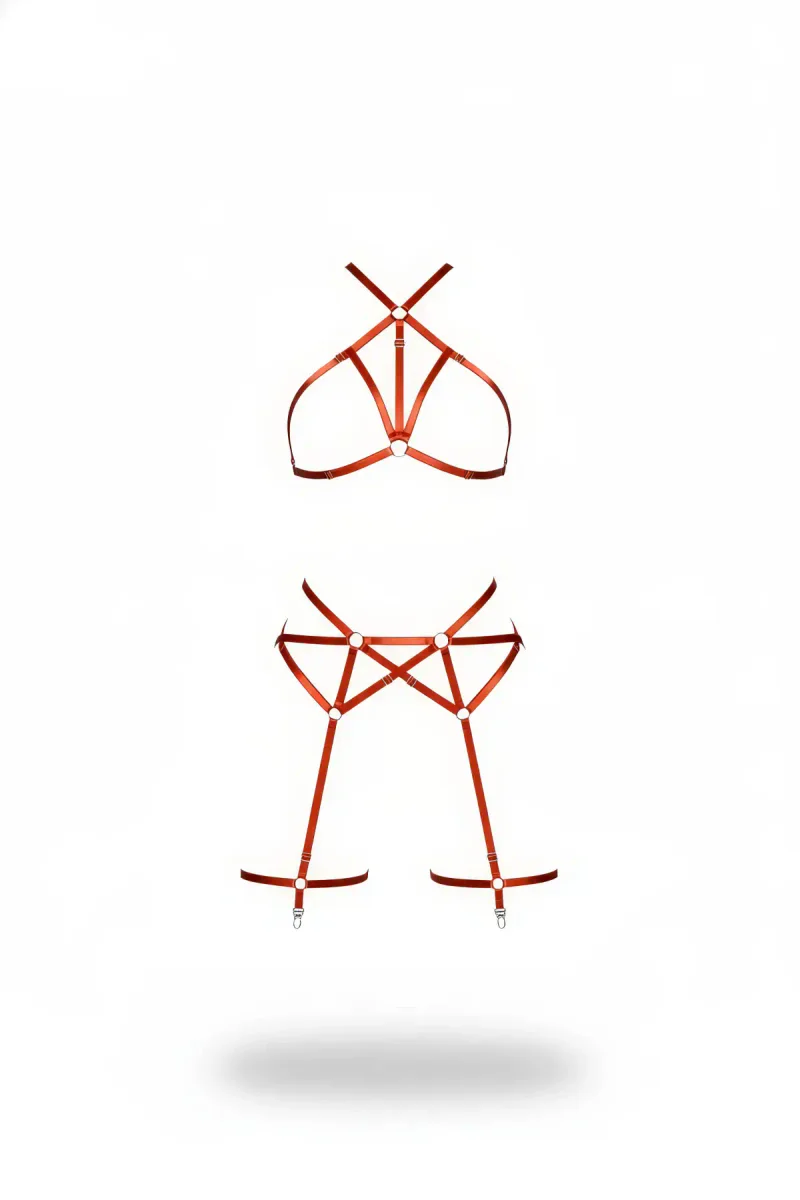 Rust Orange Caged Harness Bra and Garter Set Vegan Leather
