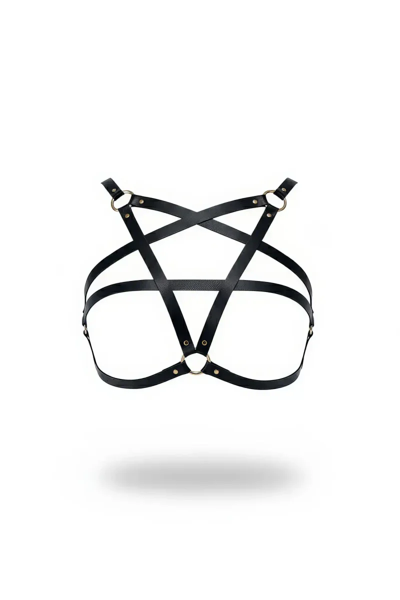 Black Faux Leather Star Chest Harness Gold O-Ring Hardware