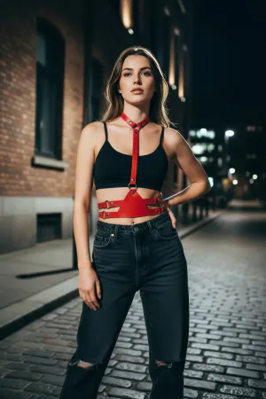 Red Faux Leather Halter Underbust Harness Silver O-Rings