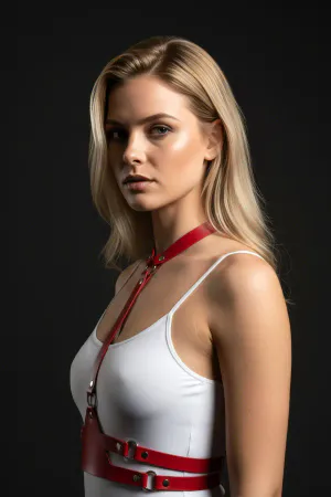Red Faux Leather Underbust Chest Harness with Choker O-Ring