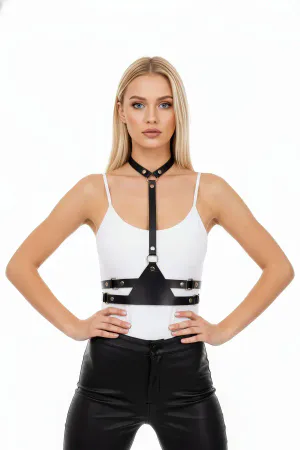Black Faux Leather Chest Harness High Neck Detail Adjustable Straps