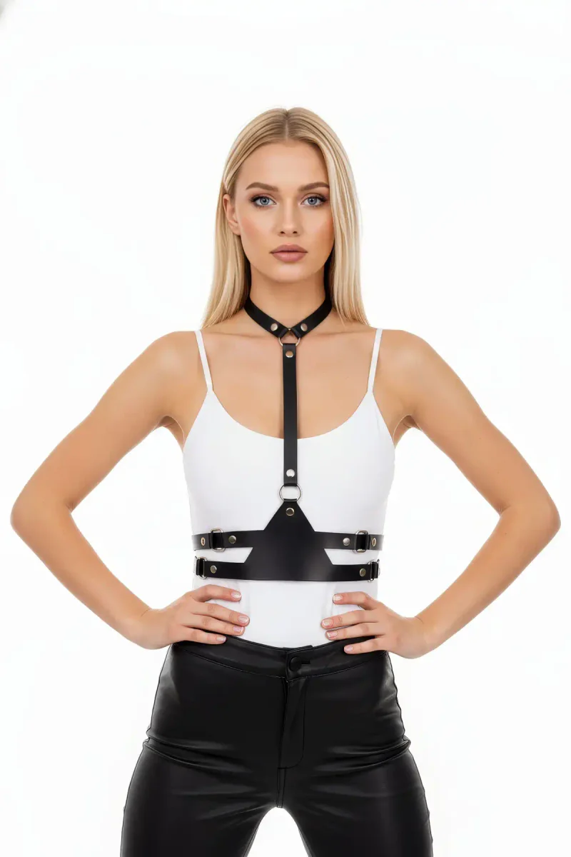 Black faux leather chest harness