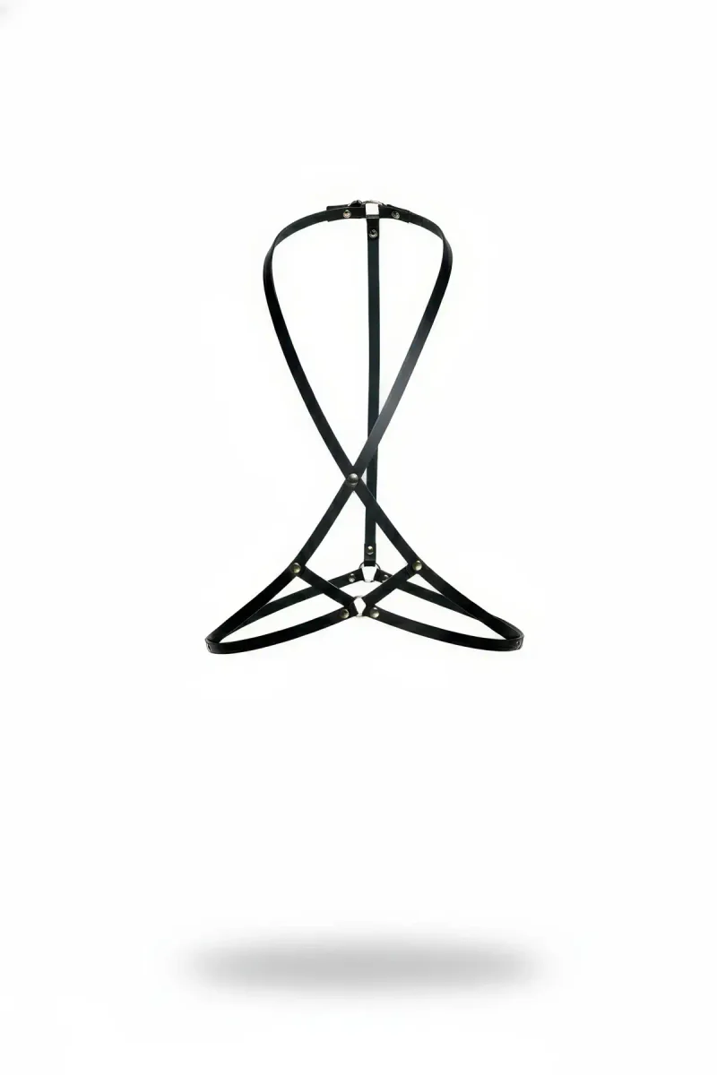 Black Faux Leather Chest Harness Double O-Ring Women's Adjustable Straps