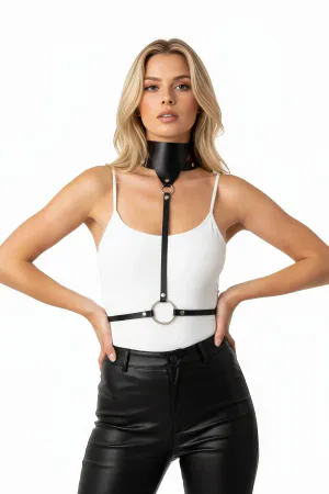 Black Faux Leather High Collar Body Harness with Large Silver O-Ring