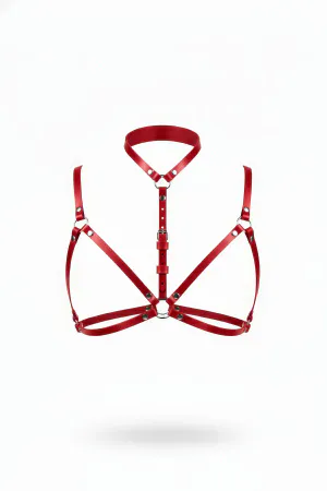 Red Vegan Leather Chest Harness with O-Ring Neck Collar and Straps