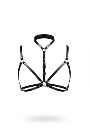 Black Faux Leather High Collar Chest Harness with Central O-Ring