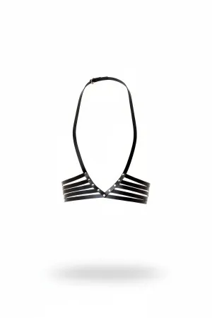 Black Faux Leather Multi-Strap Halter Harness Bra with Silver Studs