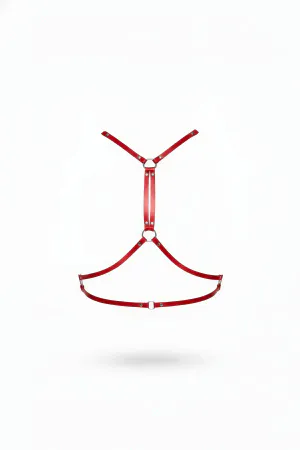 Red Faux Leather Open Chest Body Harness with Silver O-Rings