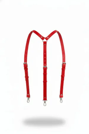 Red Faux Leather Y-Back Suspender Harness Adjustable Straps Silver Hardware