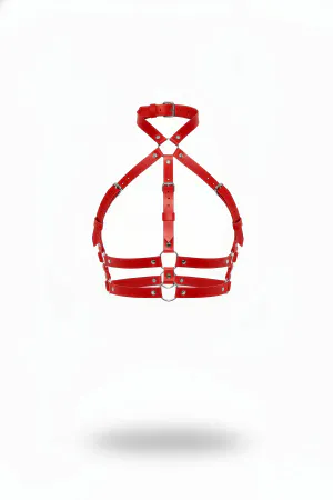 Red faux leather halter chest harness with O-ring detail