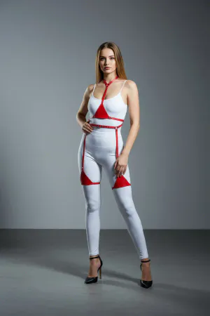 Red Vegan Leather Full Body Harness Women Adjustable Straps
